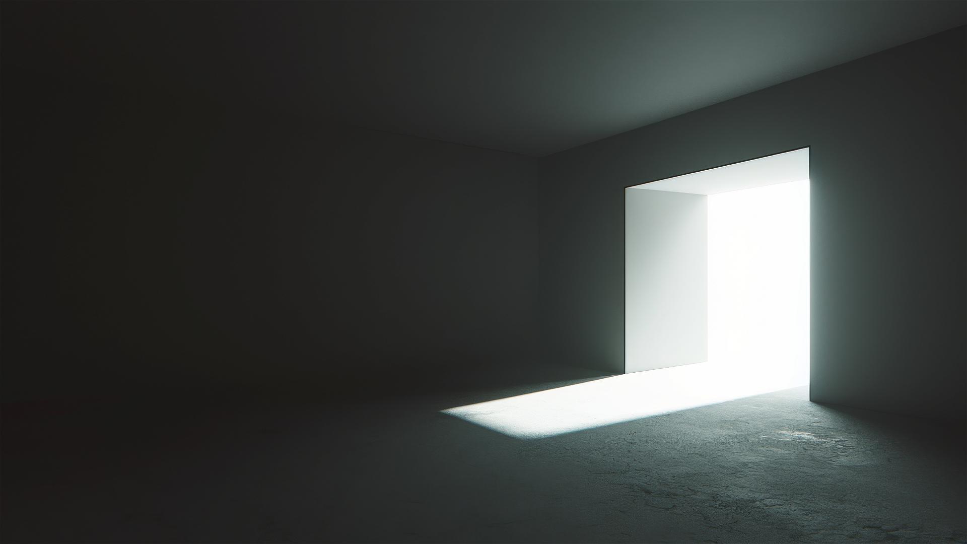Spot of light in a dark room with shadowy converging walls