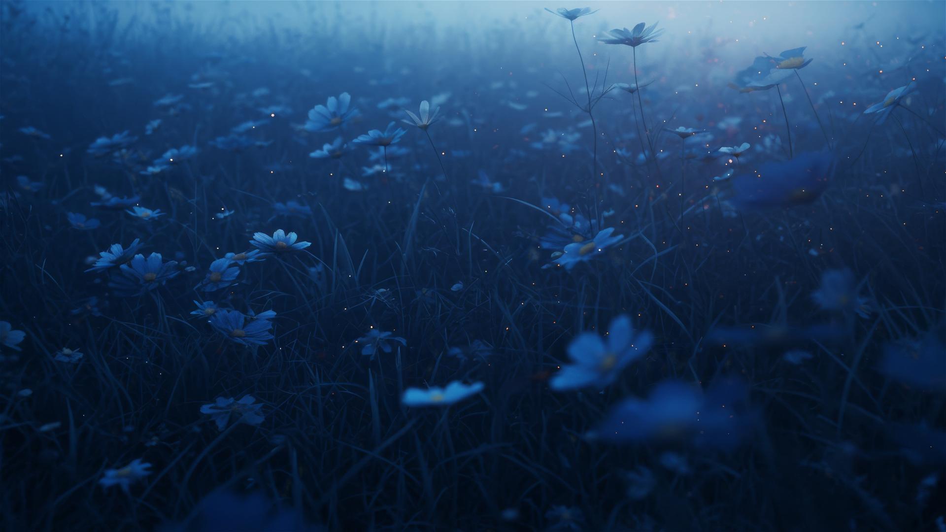 Aesthetic dark wildflower field at twilight, the flowers almost black in the fading light, creating a canvas of subtle hues, quiet and expansive