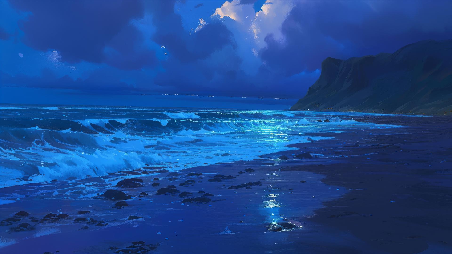 Aesthetic black sandy beach at twilight, where the waves shimmer with dark blue bioluminescence