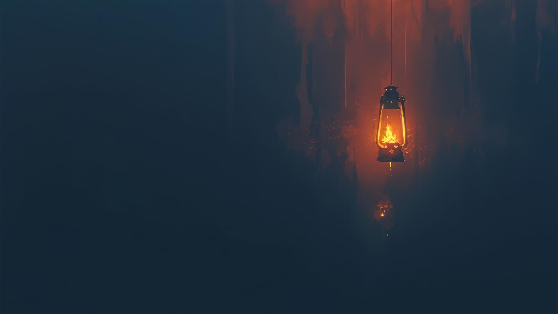 Old lantern emitting a faint glow in pure darkness, minimalistic and warm