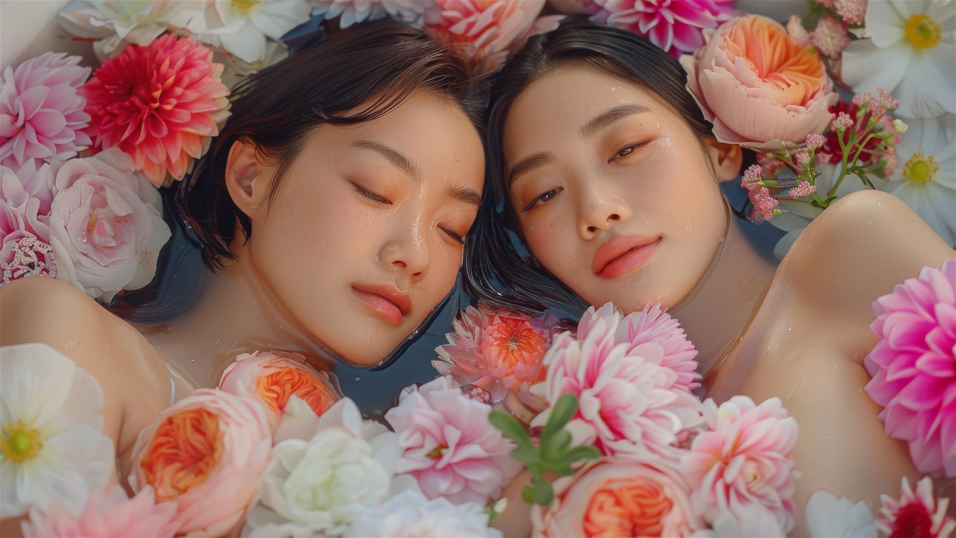 Asian women in flower-filled tub at Chinese spa