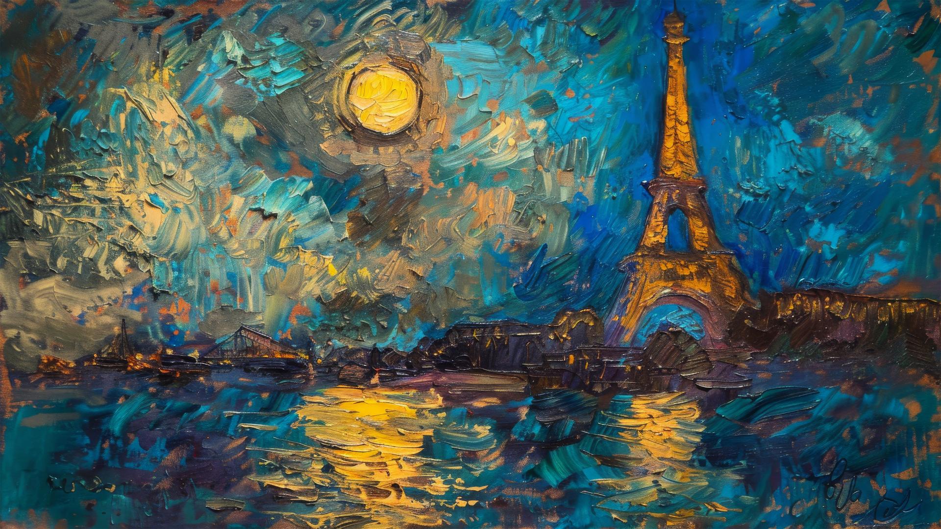 Van Gogh style impressionist painting of Eiffel Tower at dusk with crescent moon