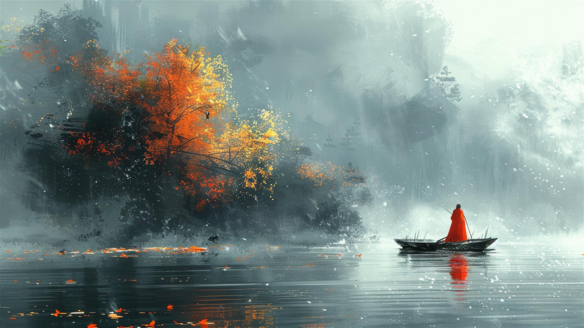 Traditional Chinese landscape painting with a lone hero in red on a boat