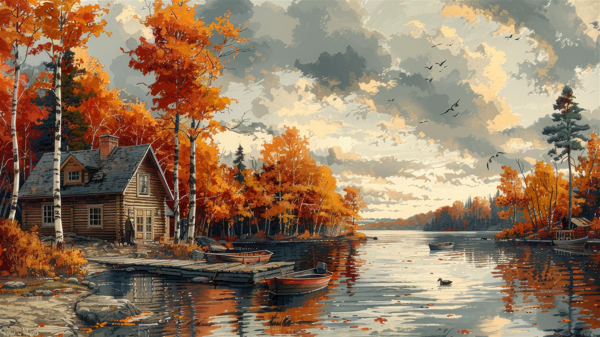 Woodcut painting of lakeside house with trees, pier, figure, boats, ducks, and autumn colors at dawn or dusk.