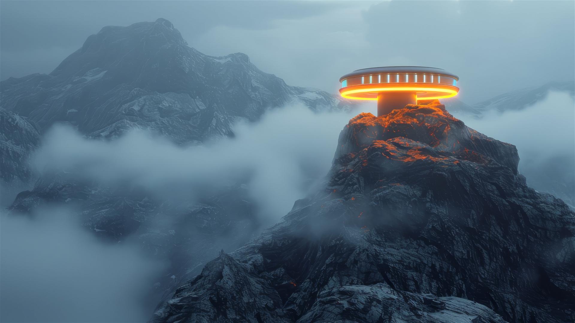 volumetric LED light with misty futuristic mountain beacon