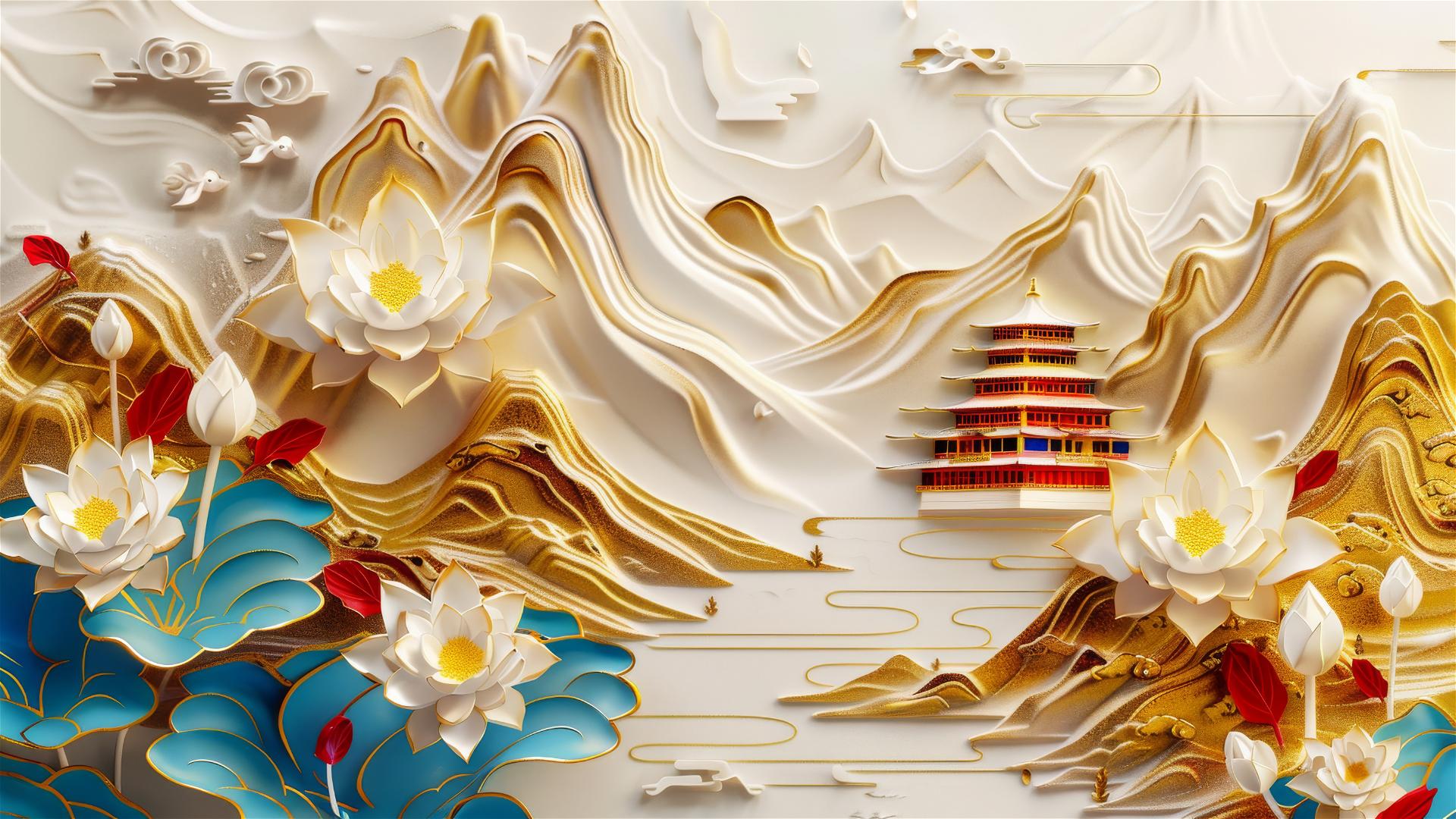 3D Asian painting of golden mountains and a serene temple with lotus flowers.