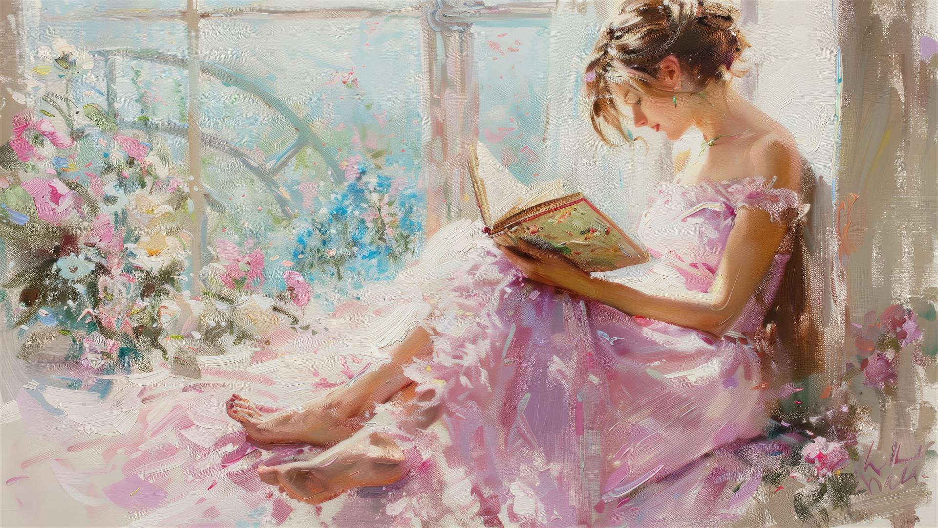 Woman in a pink dress reading by window with floral composition.