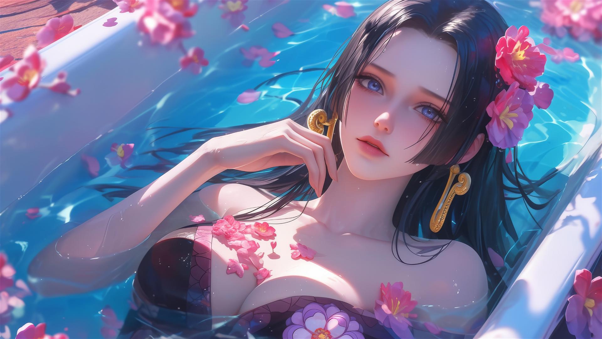 Boa Hancock from One Piece in a flower-filled tub in a Chinese spa
