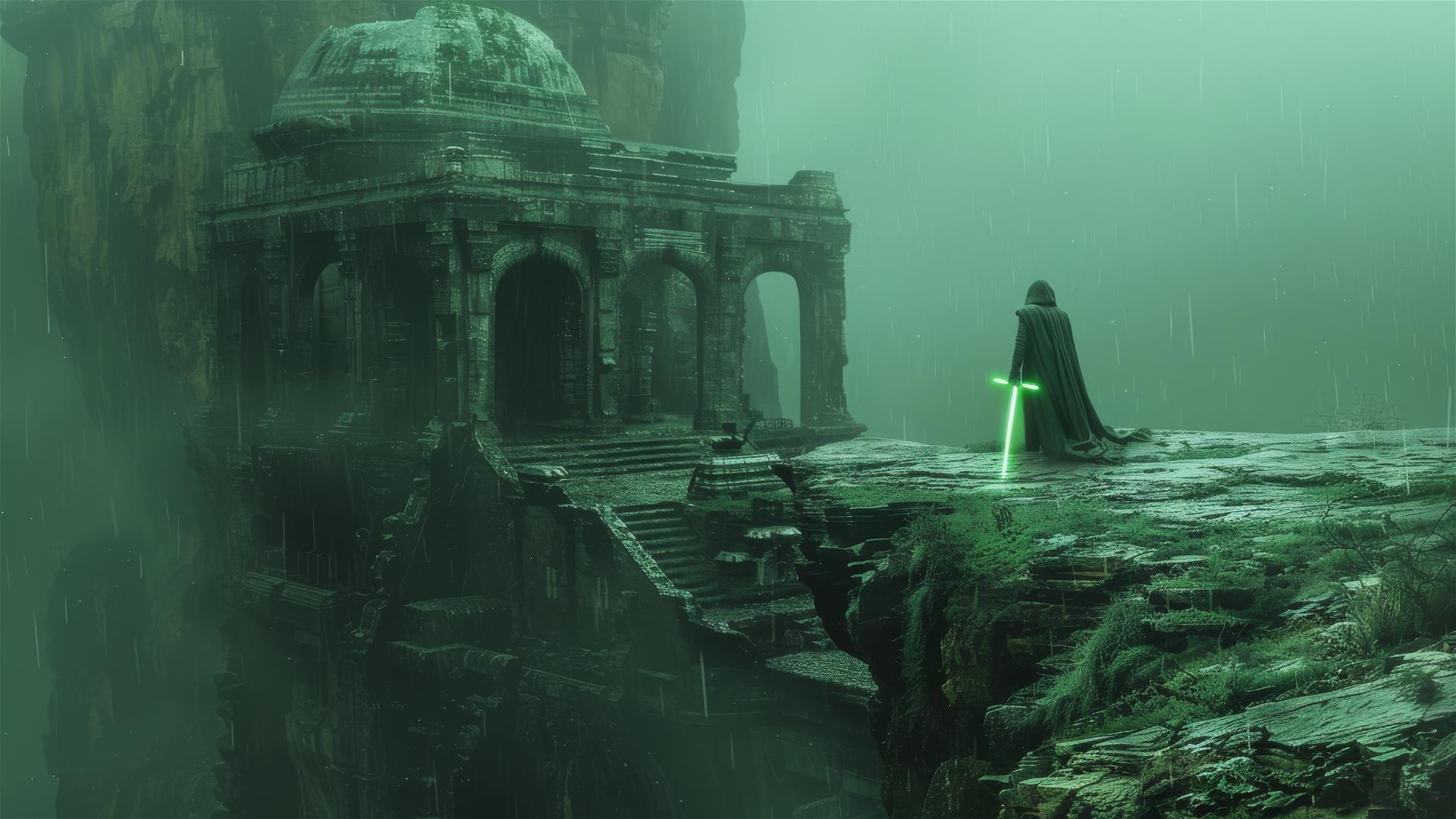 Jedi standing in rain on cliffside with green glowing lightsaber, overlooking looming temple