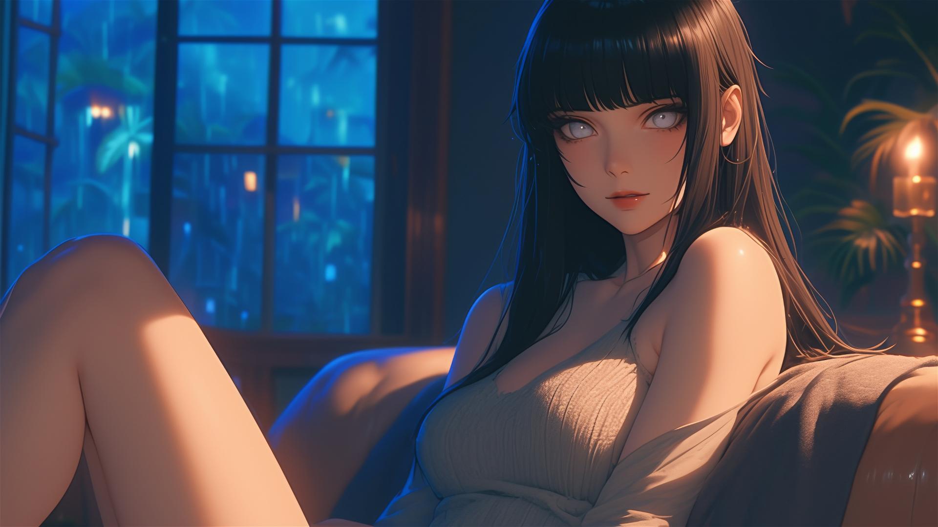 Hinata Hyuga from Naruto sitting in a modern hotel with warm light