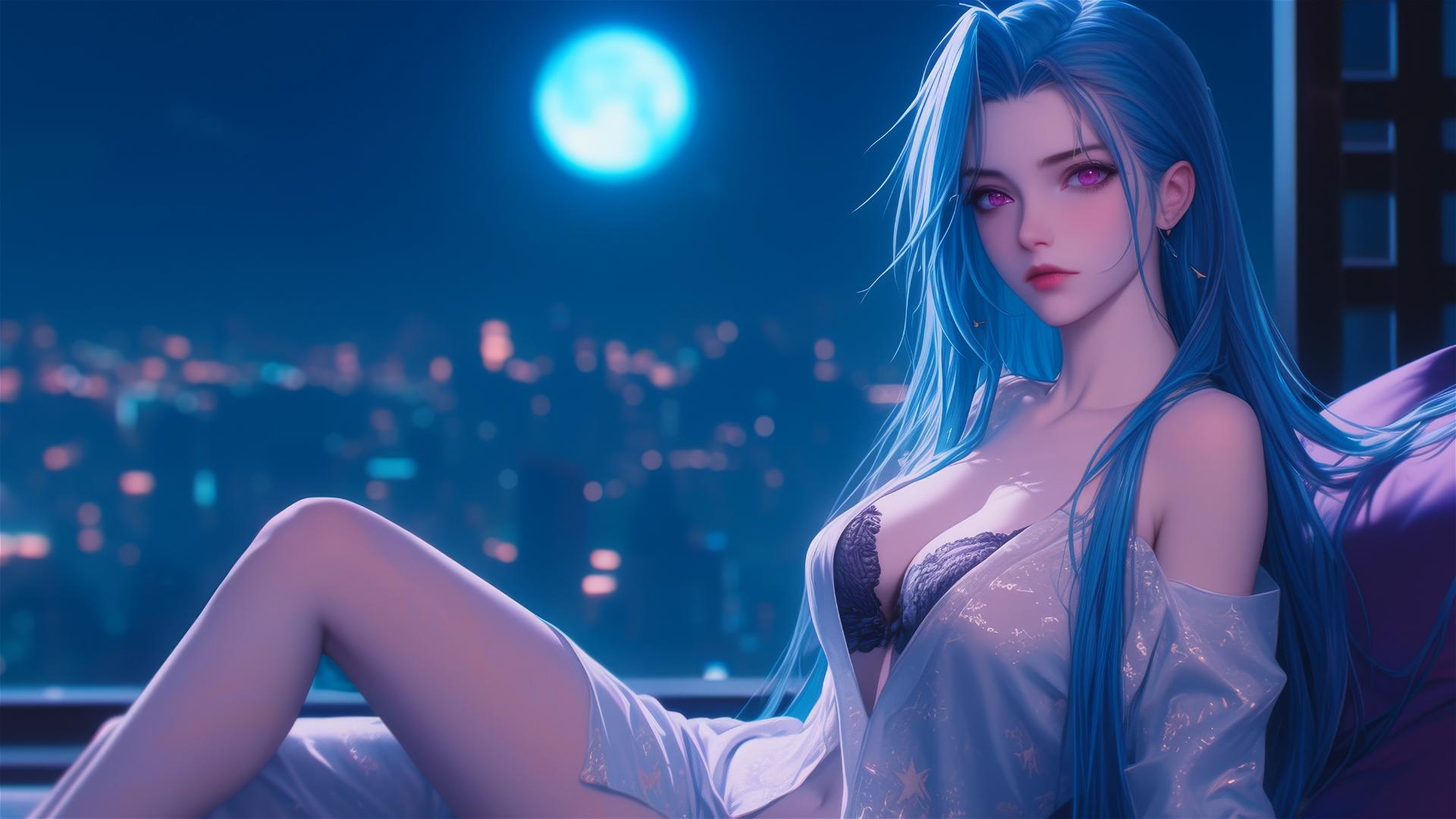 Jinx from League of Legends sitting in an apartment with moonlight glow
