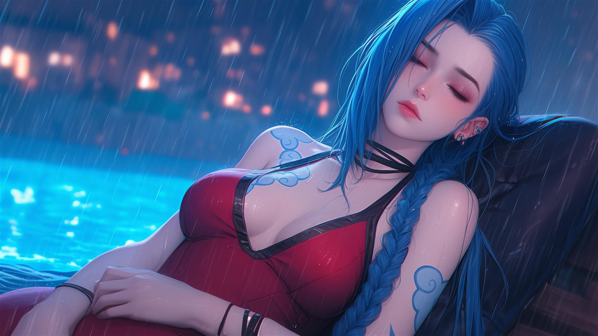 Jinx from League of Legends resting by a rainy swimming pool, moonlit, pink eyes, red dress, blue hair