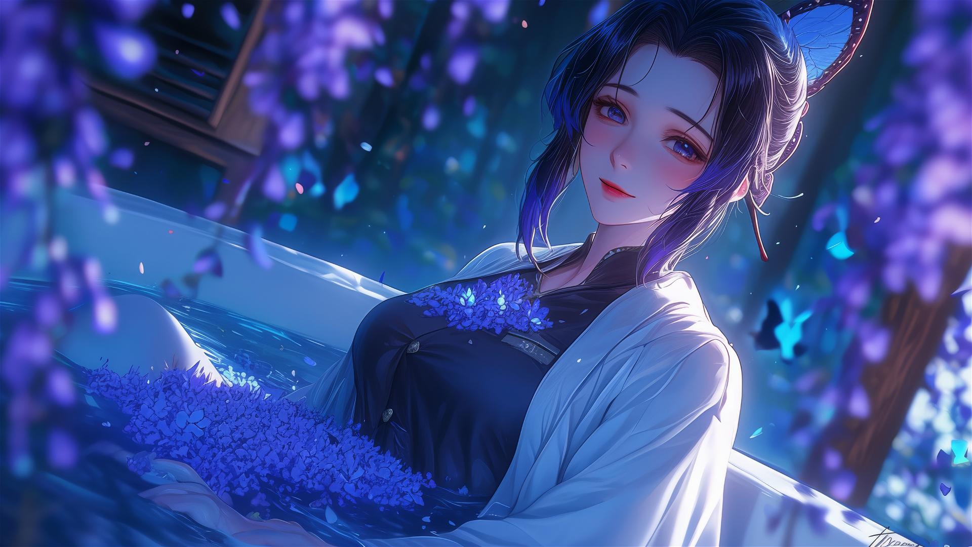 Shinobu Kocho from Demon Slayer in a tub full of flowers at a Chinese spa