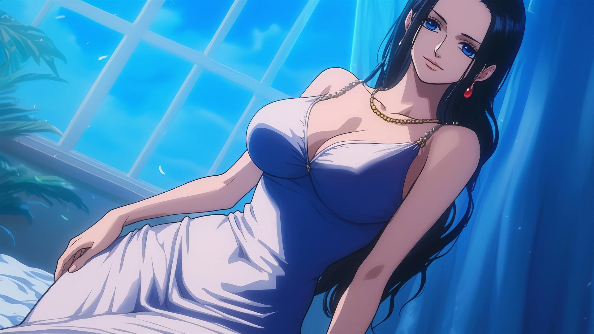 Nico Robin in white dress resting in modern hotel room with moonlight glow