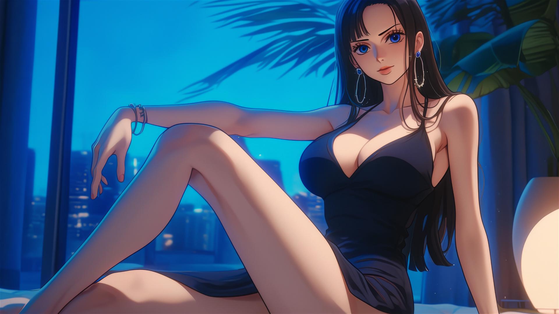Nico Robin from One Piece resting in a modern hotel room under moonlight.