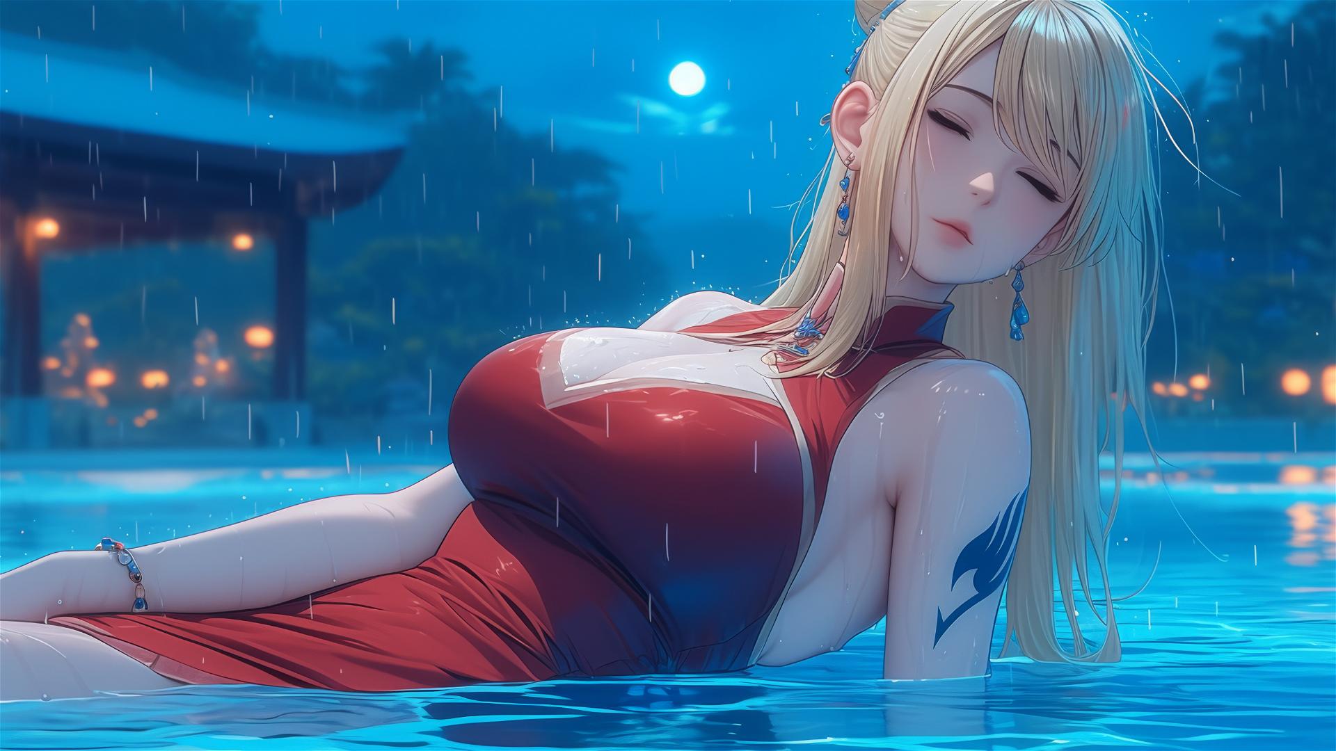 Lucy Heartfilia resting at a raining swimming pool under moonlight in a red dress.