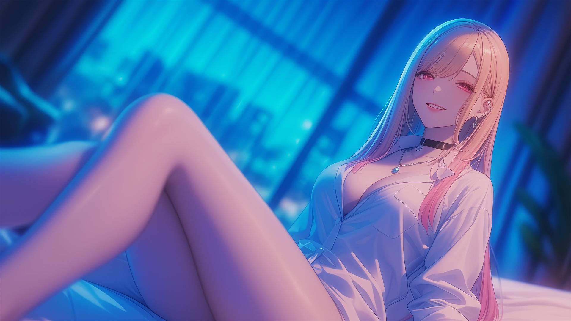 Marin Kitagawa sitting on a hotel bed under moonlight
