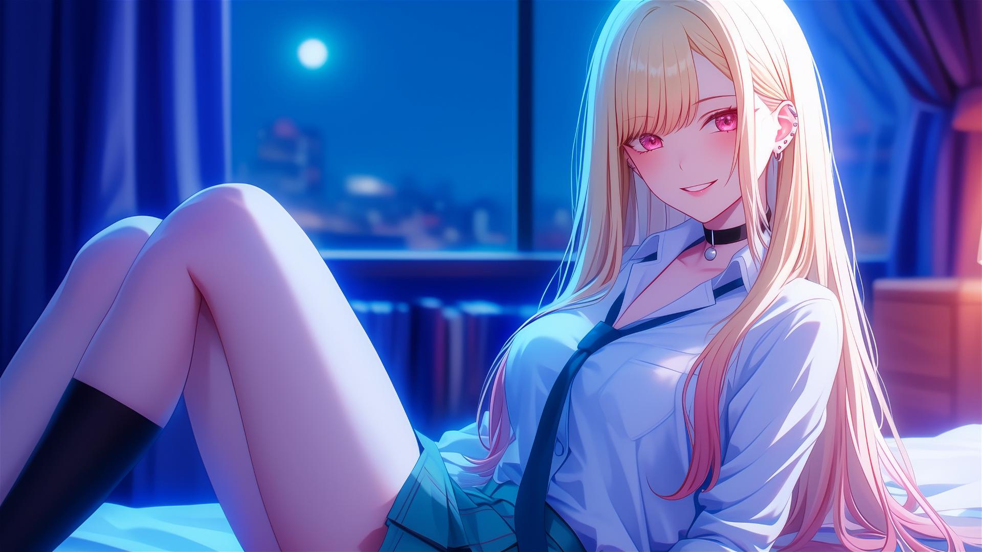 Marin Kitagawa sitting on a hotel bed, moonlight casting a glow, blonde hair with pinkish-red tips
