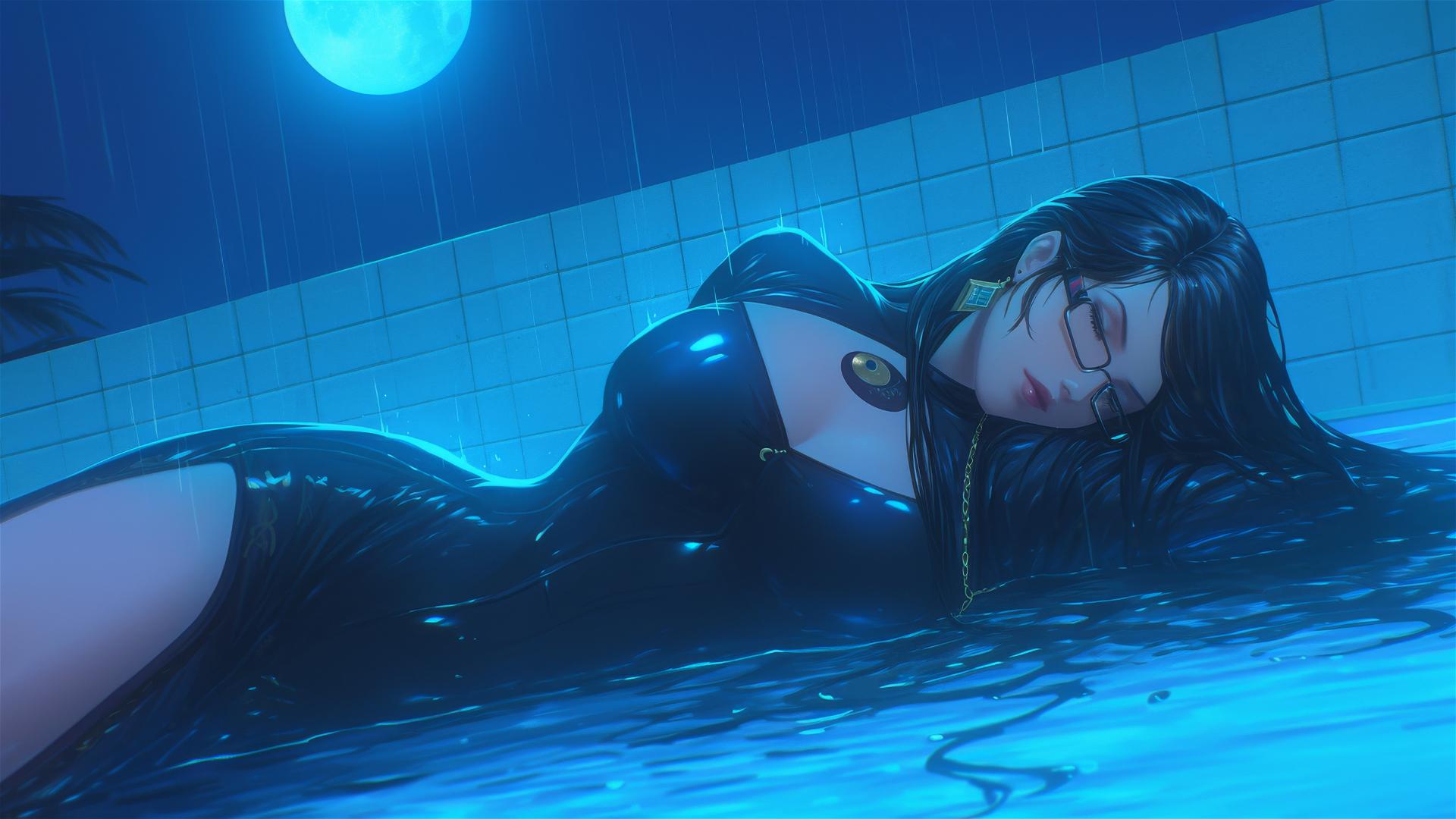 Bayonetta resting at rainy swimming pool under moonlight