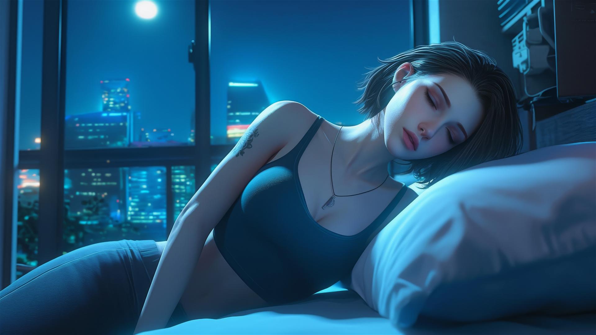 Jill Valentine from Resident Evil rests in a modern hotel room with moonlight glow