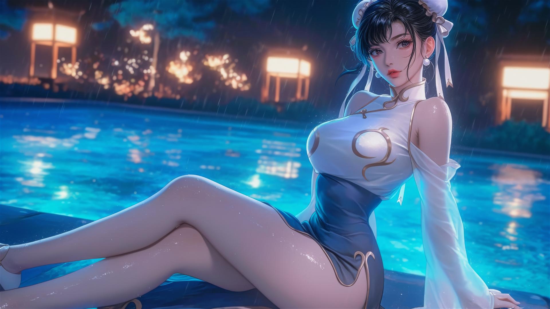 Chun Li in a pure white dress resting at a rainy swimming pool under moonlight.