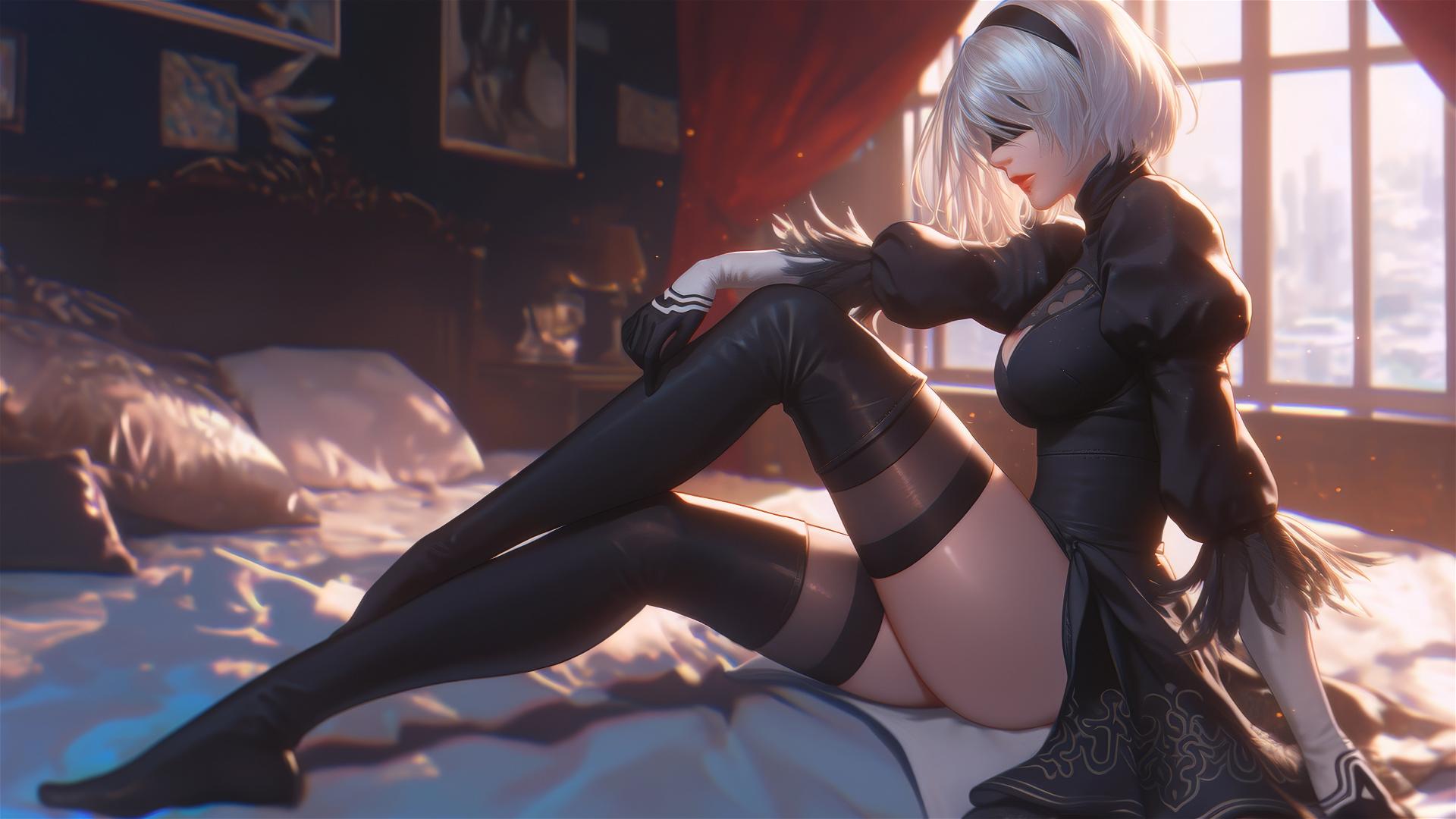 2B from Nier sitting leisurely in a modern hotel room with moonlight glow