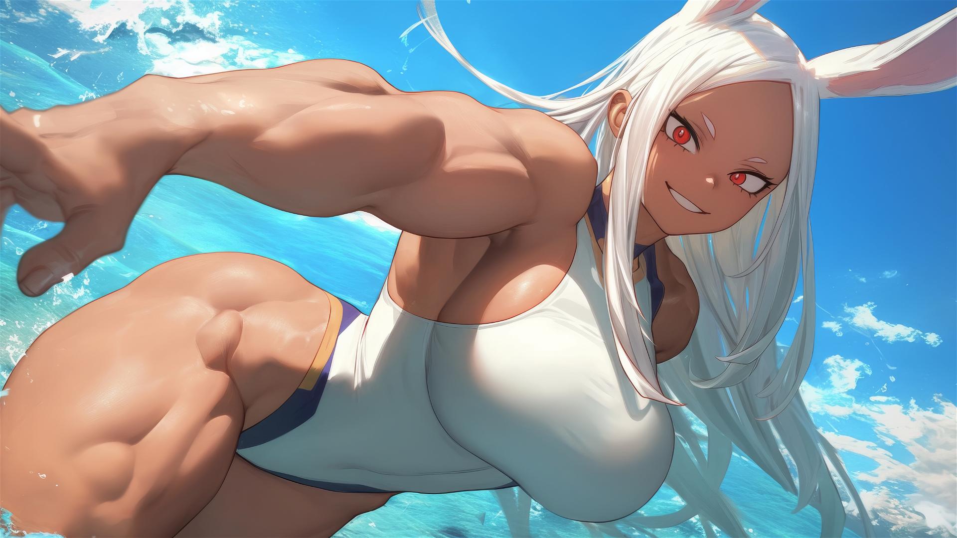 Mirko from My Hero Academia, moonlit by the pool with rabbit features