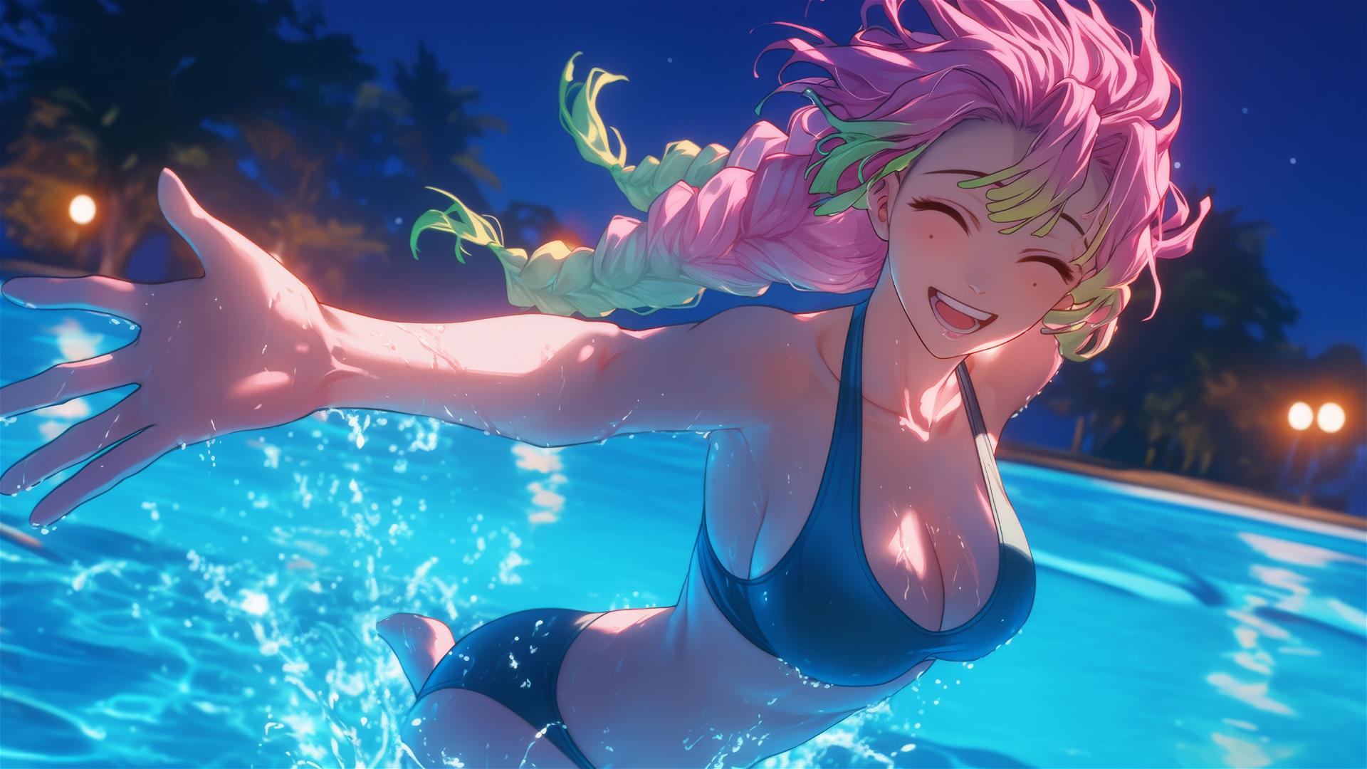 Mitsuri Kanroji from Demon Slayer jumping out of swimming pool under moonlight, pink to lime green hair