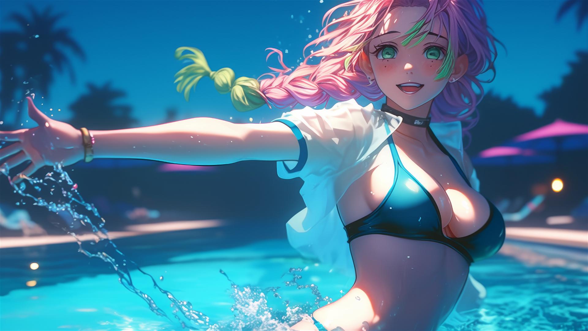 Mitsuri Kanroji jumps from pool under moonlight, hair pink to lime green