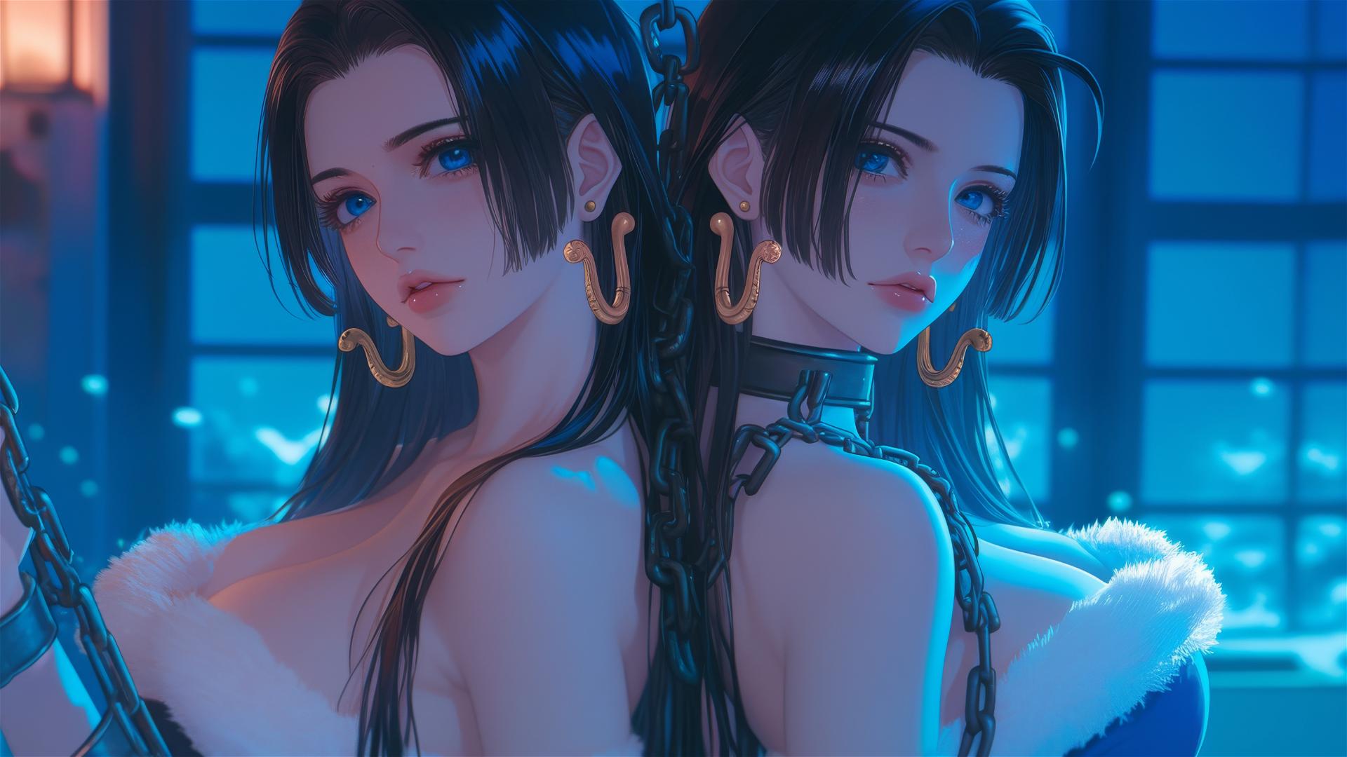 Boa Hancock in Christmas costume, chained, in neon-lit modern hotel room