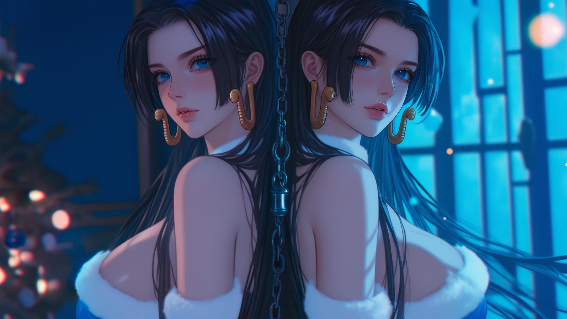 Boa Hancock in Christmas costume, chained in a modern hotel room with neon lighting.