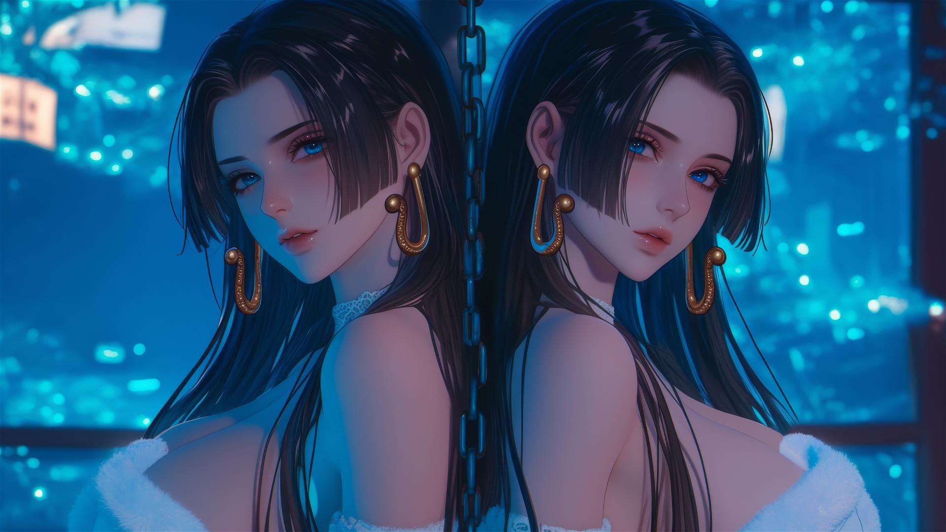 Boa Hancock in Christmas attire with neon light in a hotel room