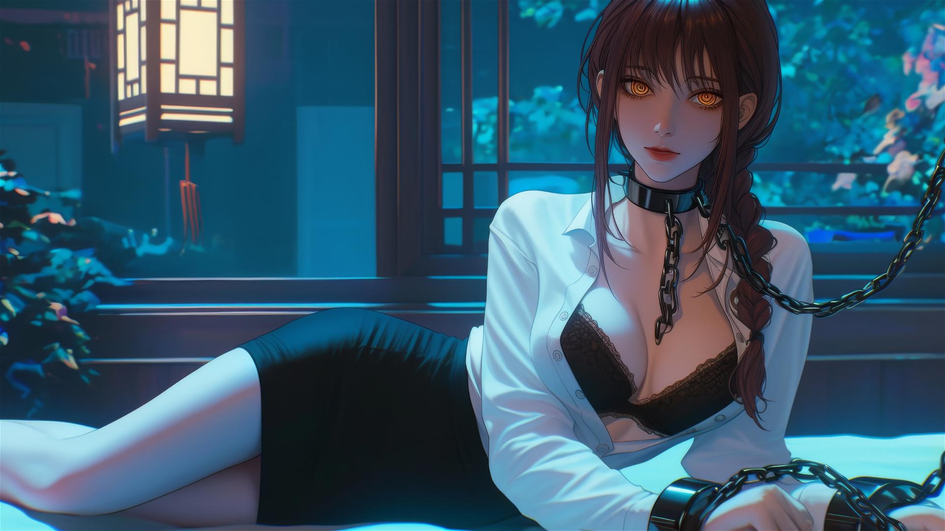 Makima from Chainsaw Man chained, resting in a modern hotel room, moonlight glow