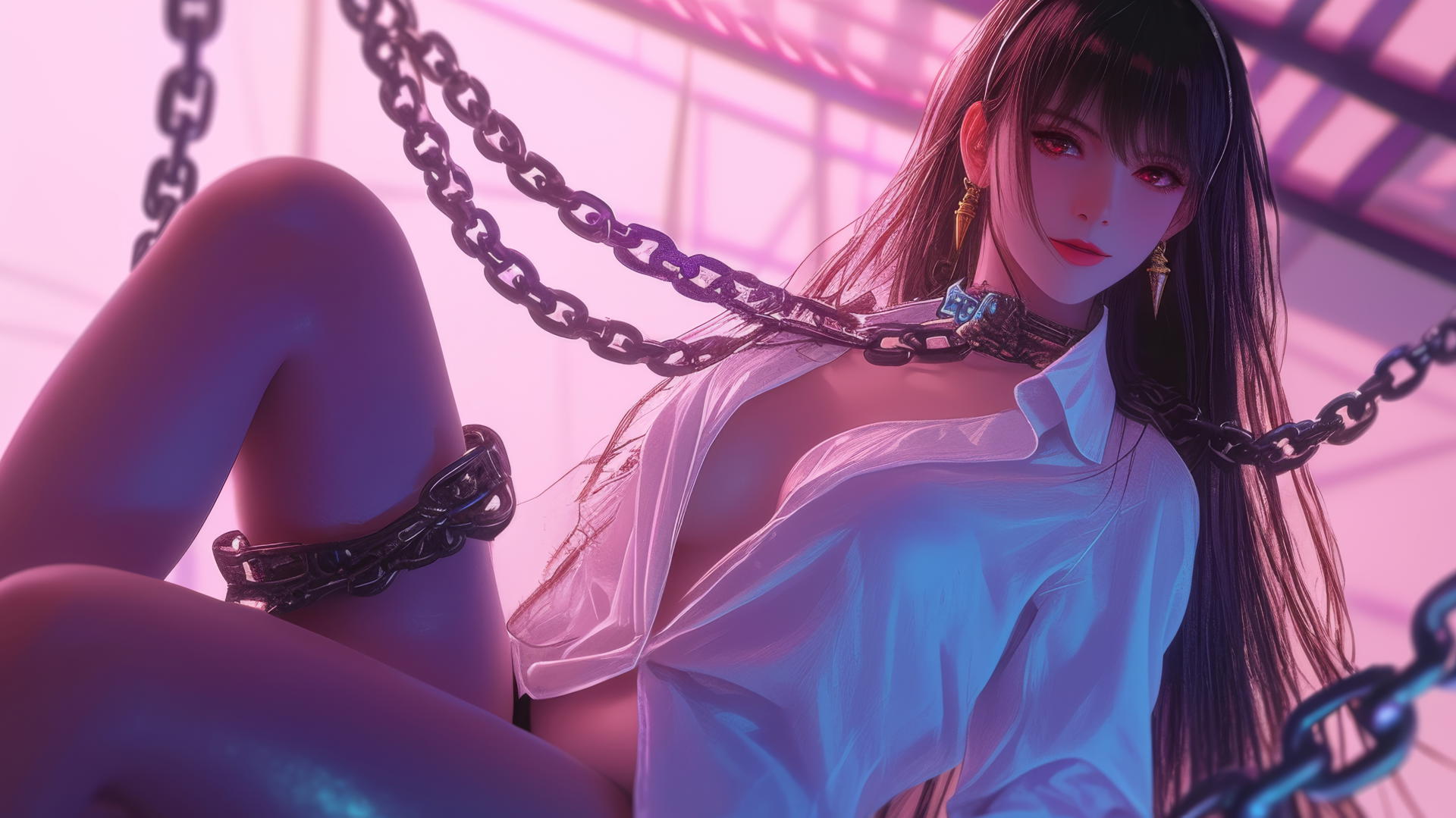 Yor Forger from Spy x Family chained in a modern hotel room with neon pink lighting.