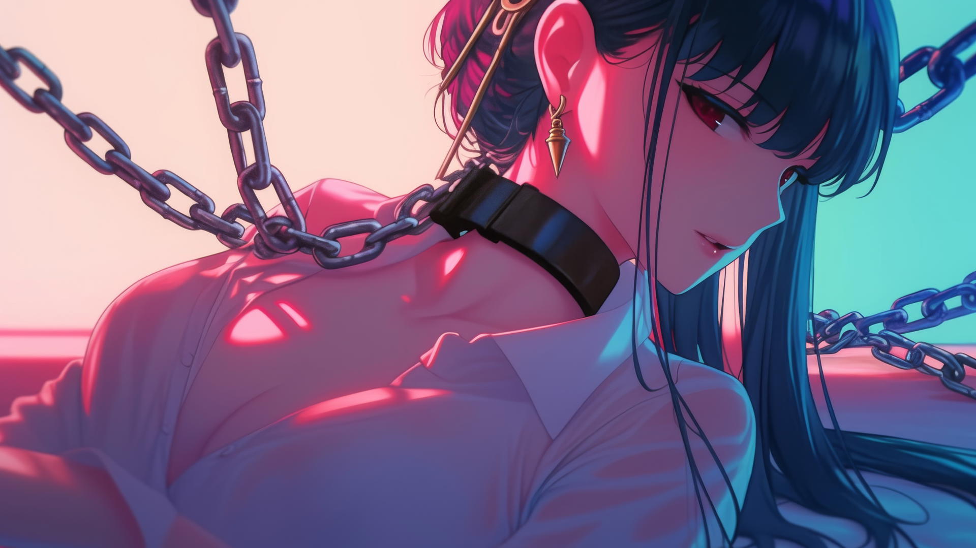 Yor Forger from Spy x Family chained in hotel room under neon light