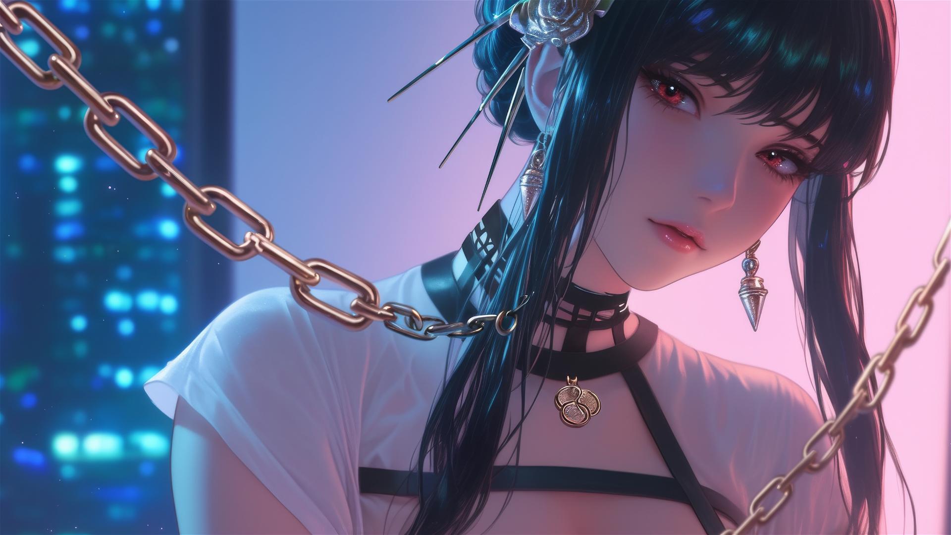 Yor Forger from Spy x Family in white shirt, chained in a modern hotel room with neon pink glow