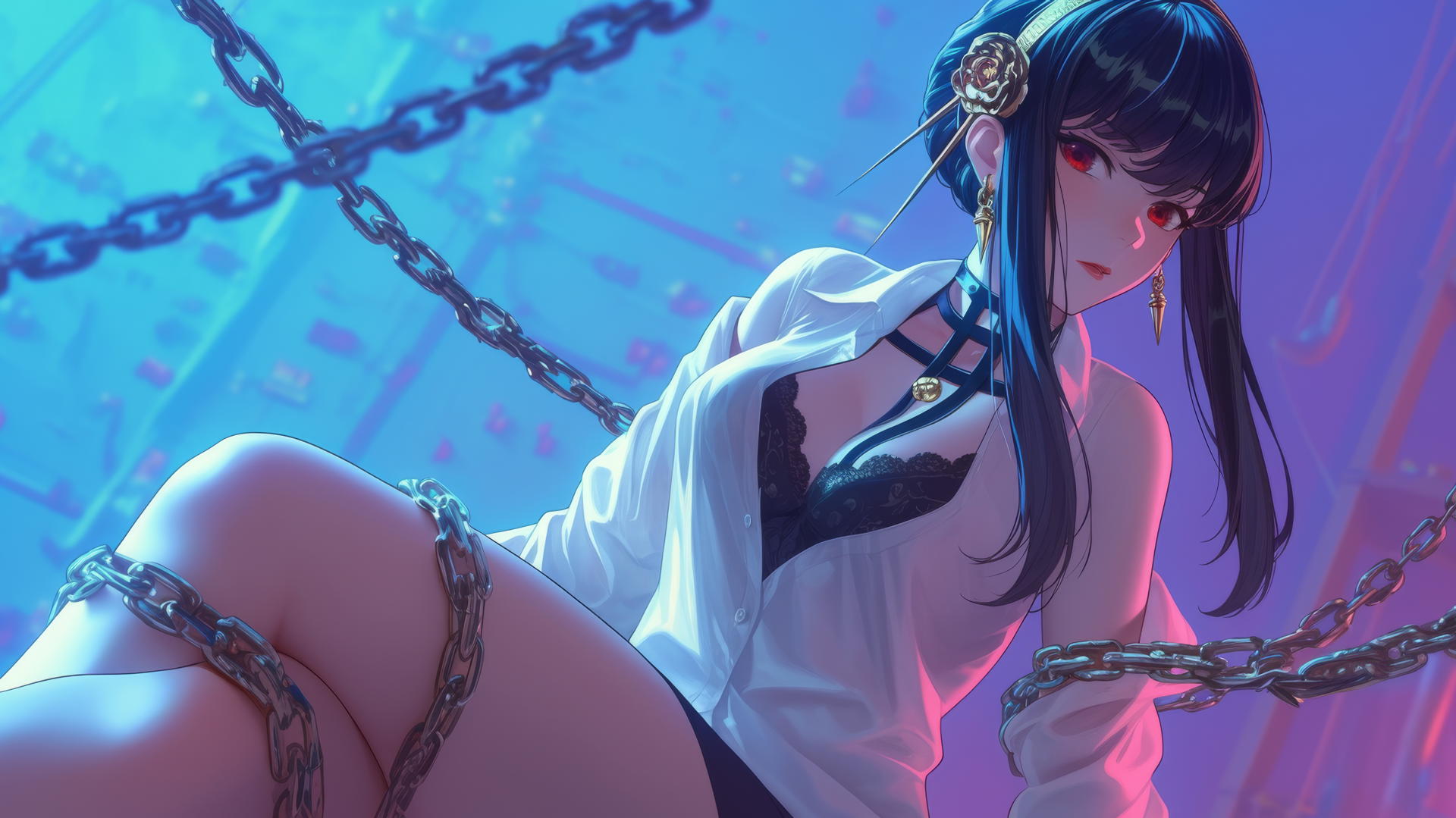 Yor Forger from Spy x Family in a modern hotel room with neon lights and thick iron chains.