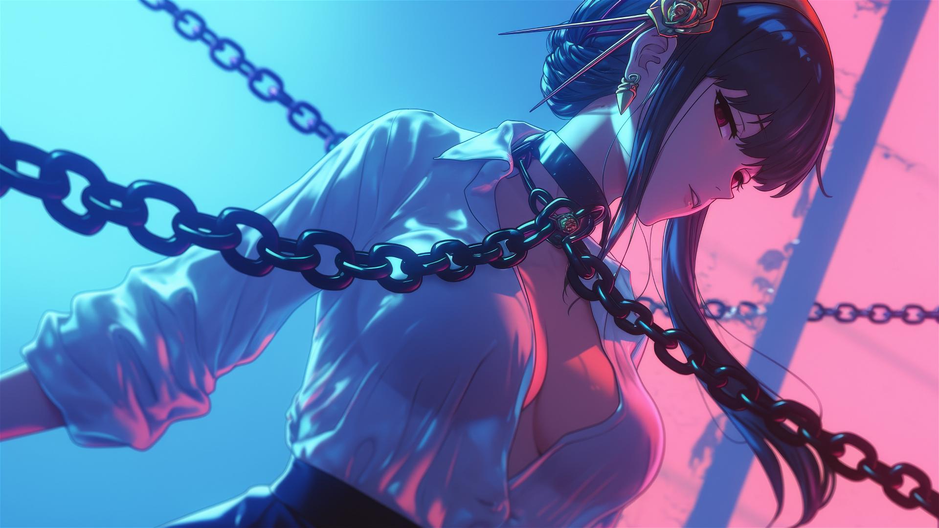 Yor Forger chained in a neon-lit hotel room wearing a white office shirt.