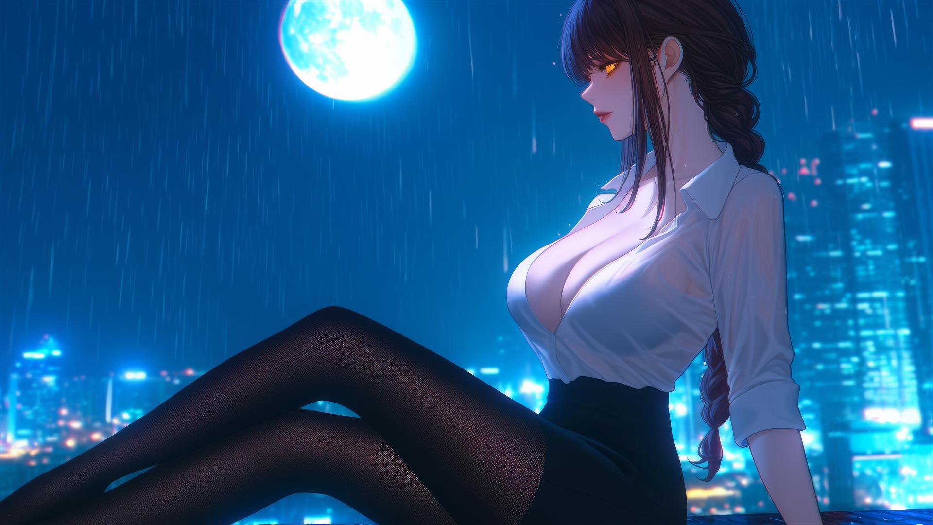 Makima from Chainsaw Man resting on a rainy rooftop.