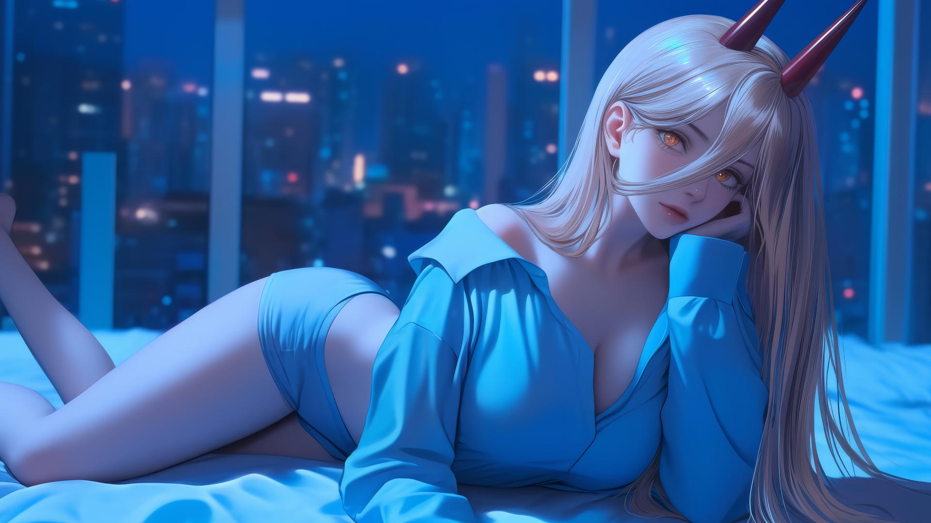 Power from Chainsaw Man with blonde hair, red horns, and yellow eyes lounging in a modern hotel room under moonlight.