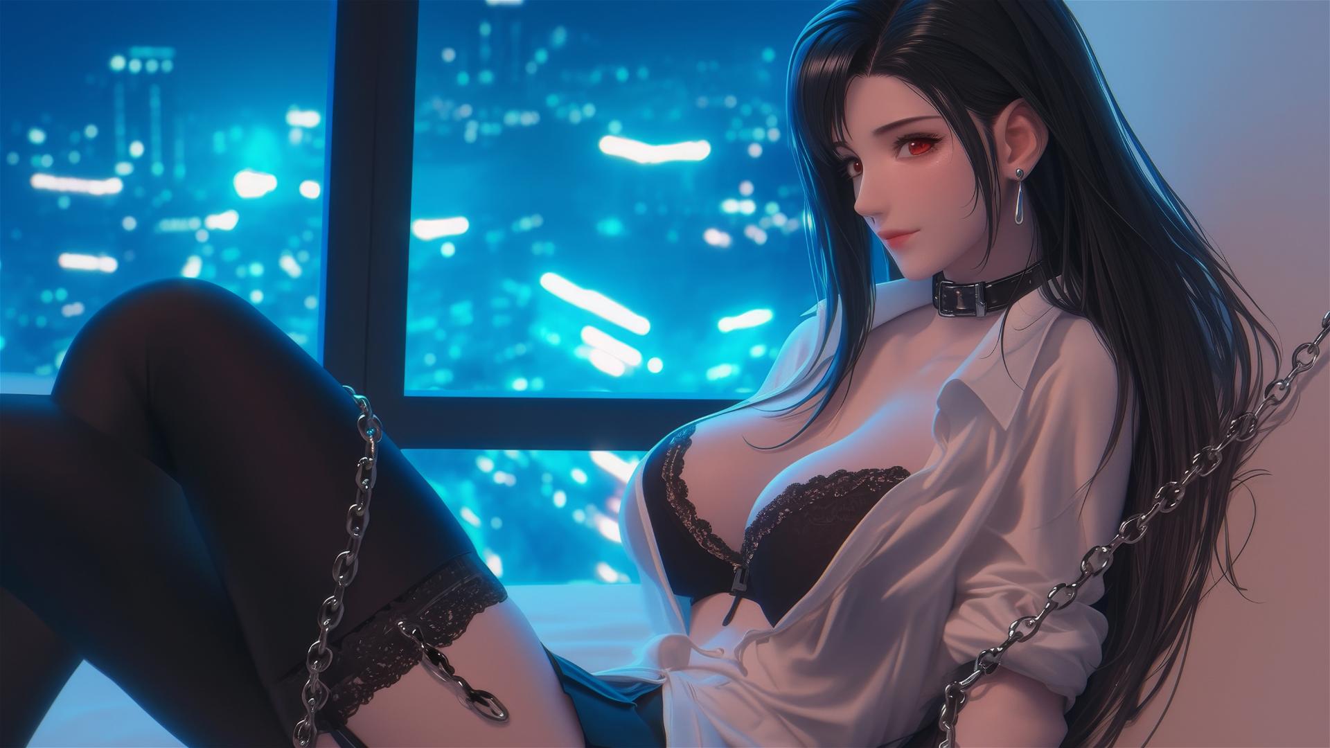 Tifa Lockhart from Final Fantasy in chains, modern hotel room, neon light