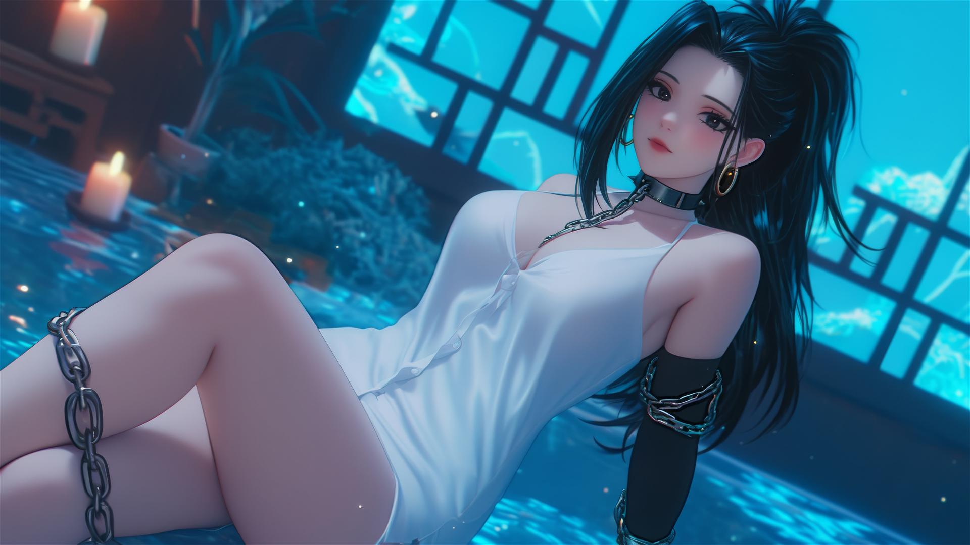 Momo Yaoyorozu chained in modern hotel room with neon light glow