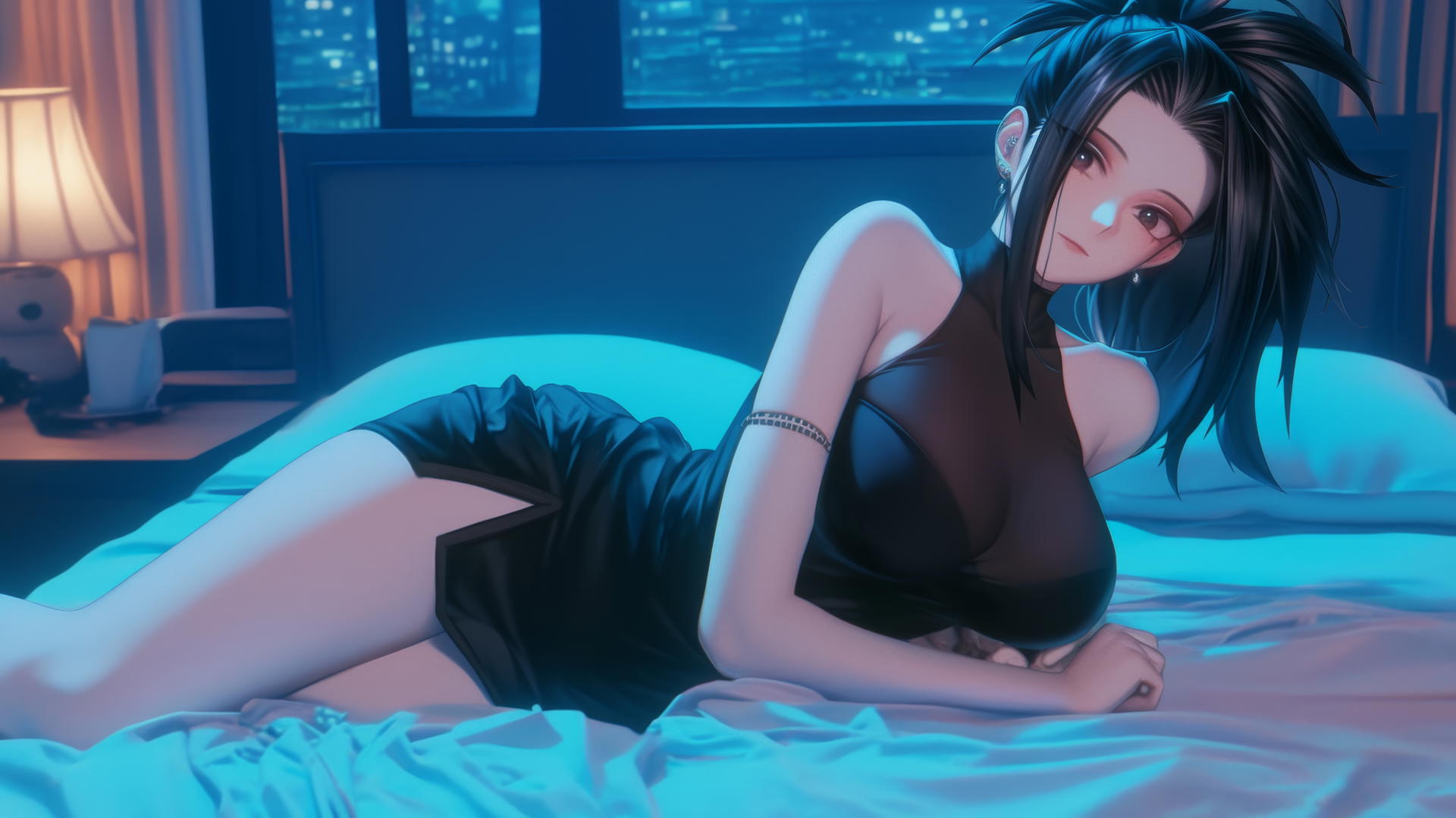 Momo Yaoyorozu in a modern hotel room with neon light glow.