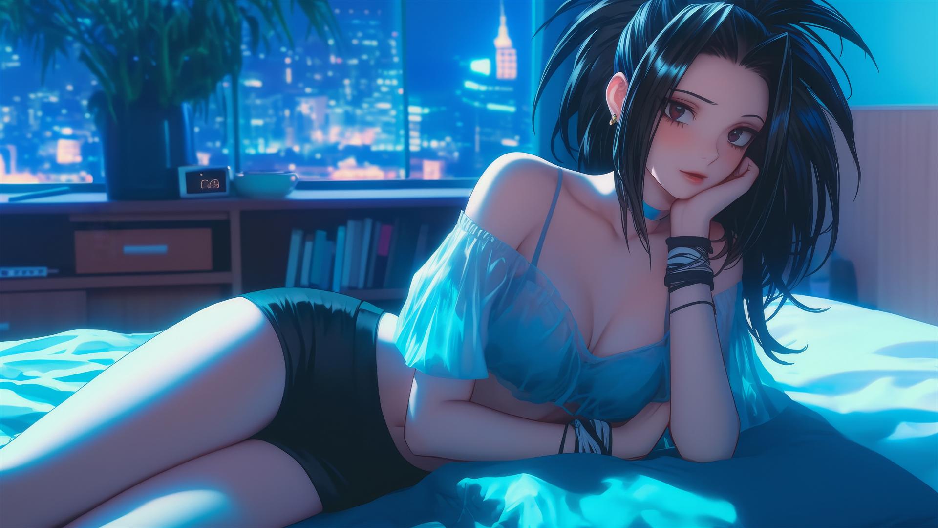 Momo Yaoyorozu in a modern hotel room with neon lighting highlighting her figure