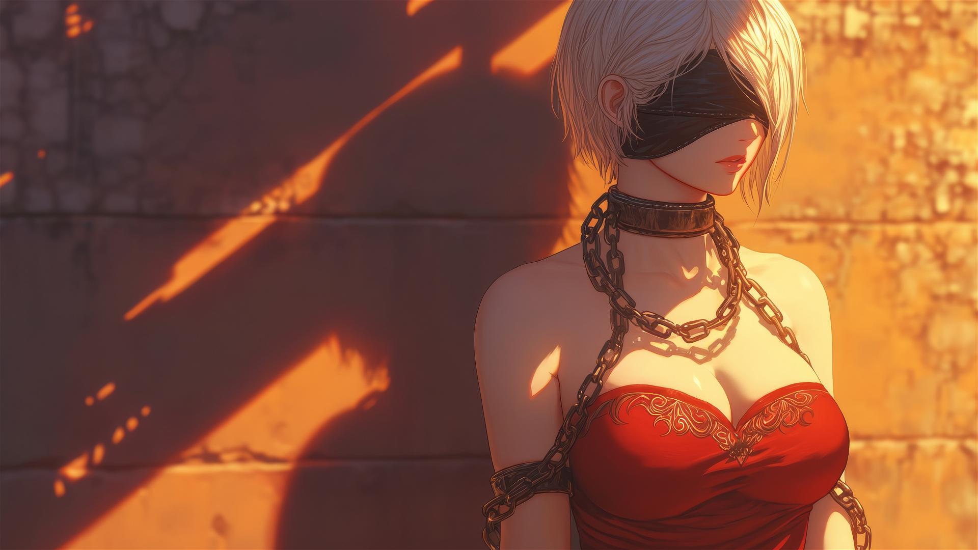2B from Nier, neck locked with thick iron chains, wearing all red, blindfolded in a modern apartment