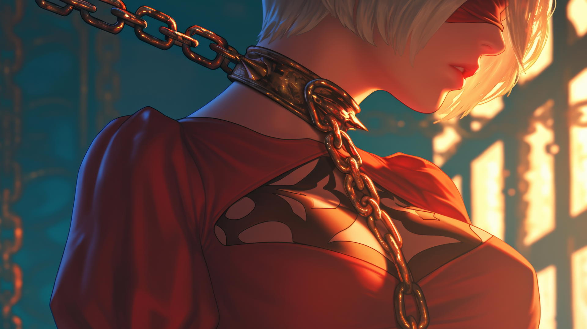 2B from Nier in a red outfit, chained at neck, in a warm-lit modern hotel room.