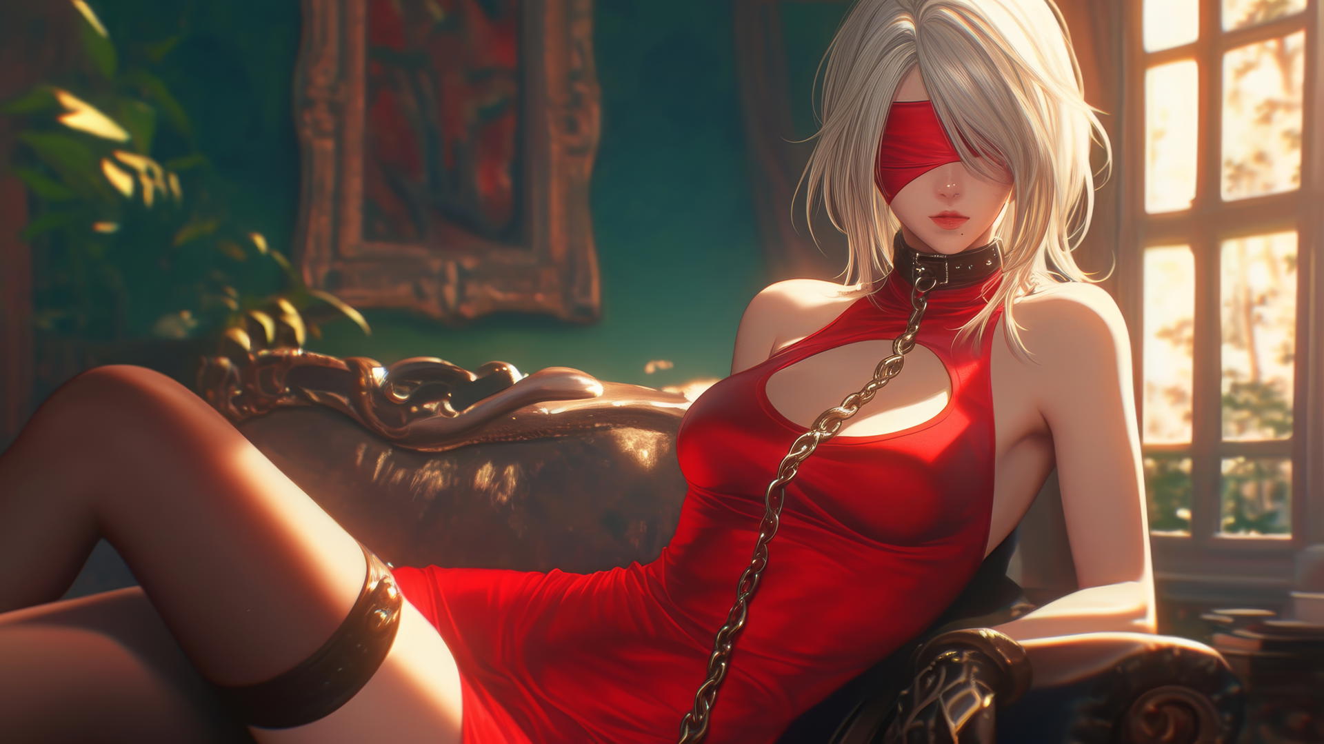 2B from Nier in a modern hotel room, neck locked with iron chains, wearing red with a blindfold.