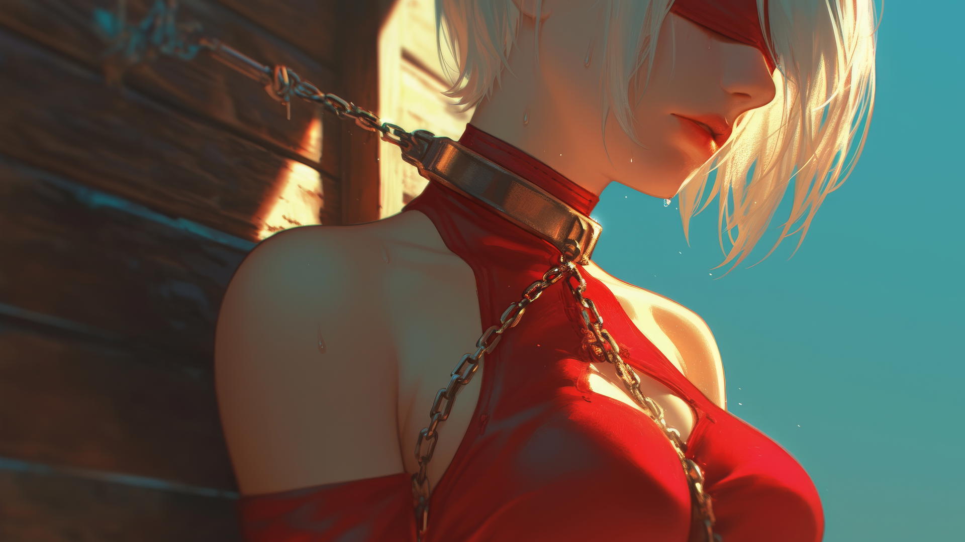 2B from Nier in a modern hotel room, wearing all red with a red blindfold, neck locked in thick iron chains, warm light glow