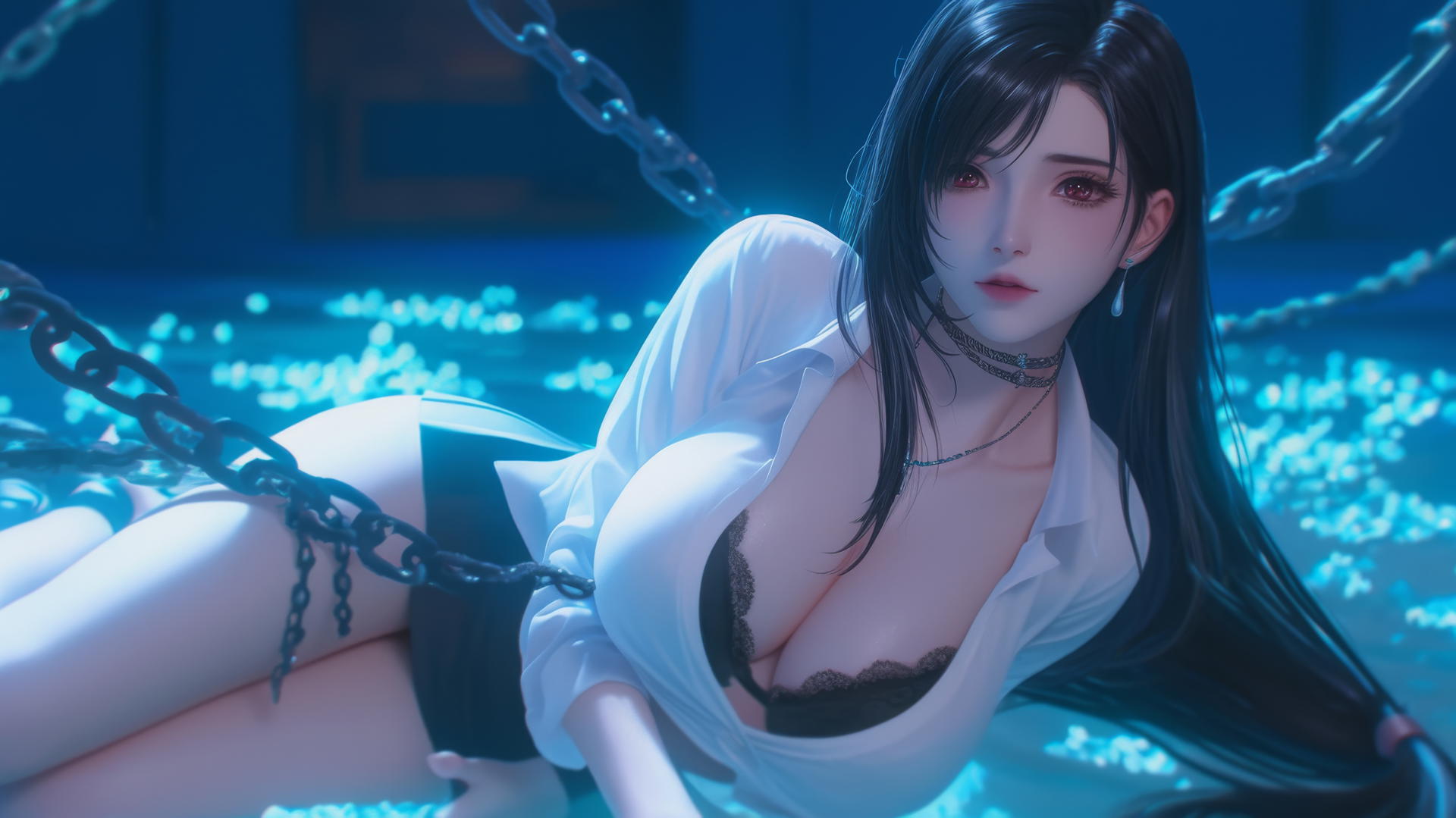 Tifa Lockhart in chains, white shirt, neon-lit dark basement, thigh highlight