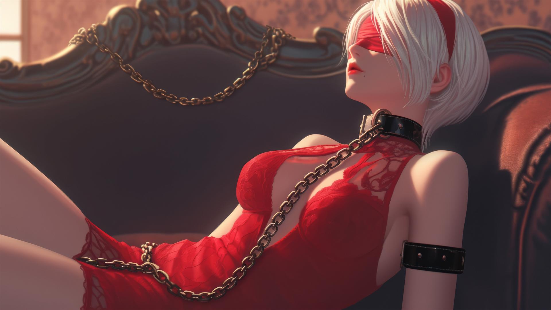 2B from Nier in a modern hotel room, neck locked with thick iron chains, wearing all red, blindfolded.
